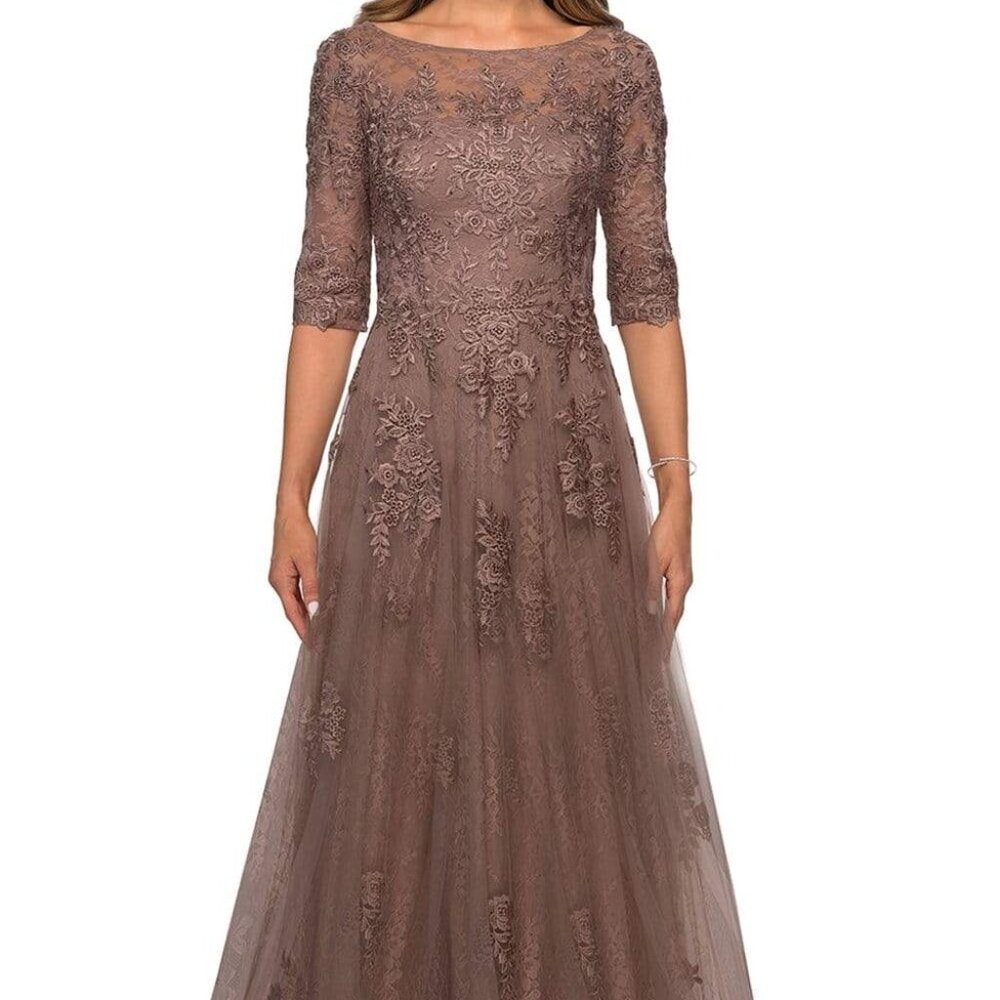 NWT La Femme 28036SC Lace over Tulle Mother of the Bride Dress Cocoa Size 10